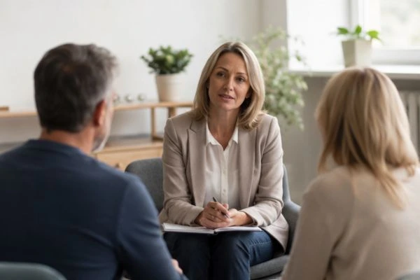 Couple discussing financial arrangement , pensions in divorce Cheltenham